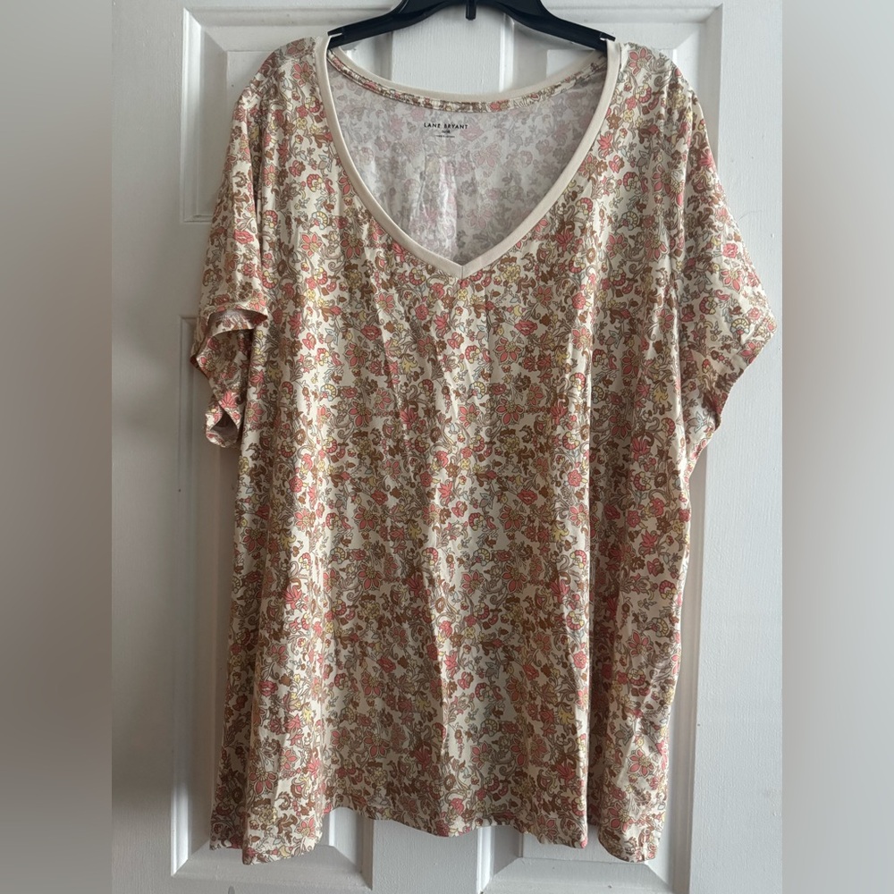 Lane Bryant Pink and Cream Floral V-Neck Top